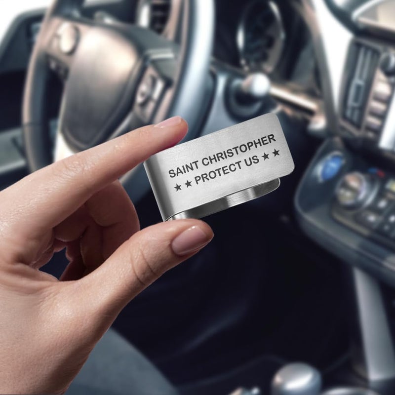 PUVOXHO Saint Christopher Protect Us Engraved Stainless Steel Car Visor Clip, St Christopher Accessories for Car, Driving Safety Prayer Religious Gifts for Family Friend Driver, New Driver Gifts - Image 4